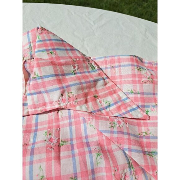 Vintage 70's Pink Plaid Button-Up Blouse Floral Print Puff Sleeves Handmade - Picture 5 of 11